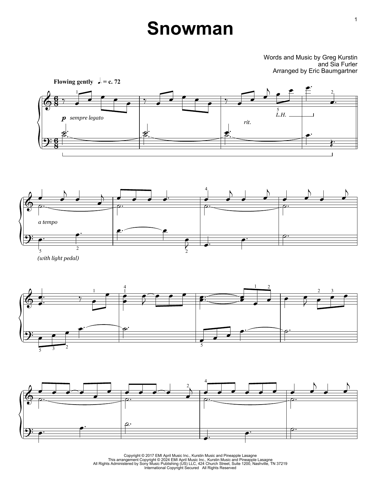 Sia Snowman (arr. Eric Baumgartner) Sheet Music Notes & Chords for Educational Piano - Download or Print PDF