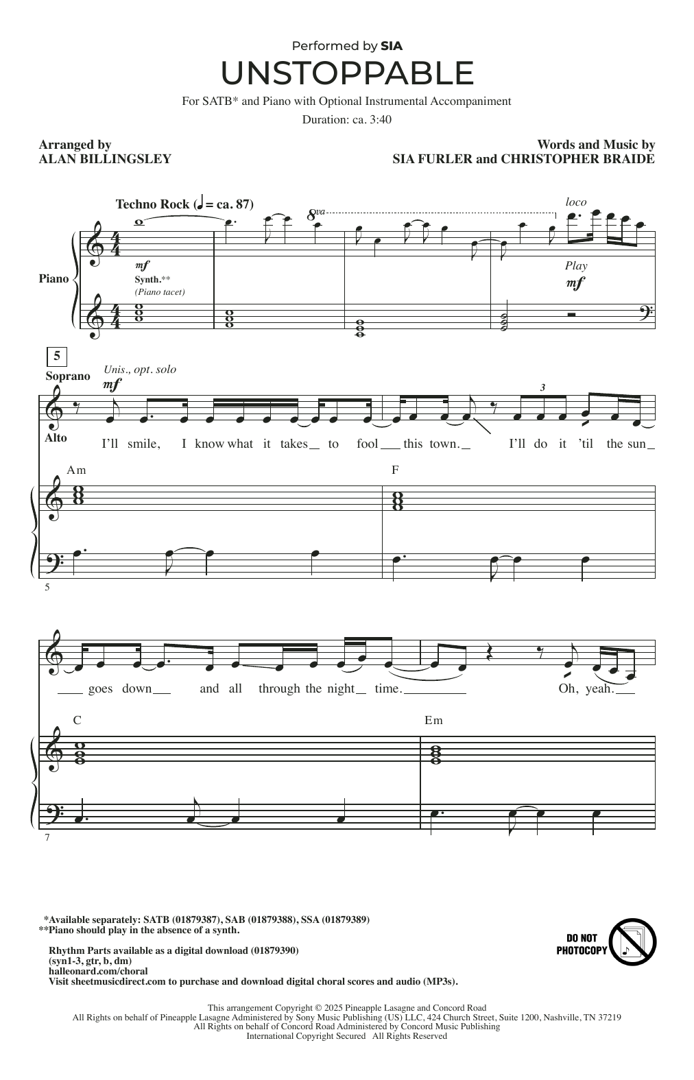 Sia Unstoppable (arr. Alan Billingsley) Sheet Music Notes & Chords for SAB Choir - Download or Print PDF