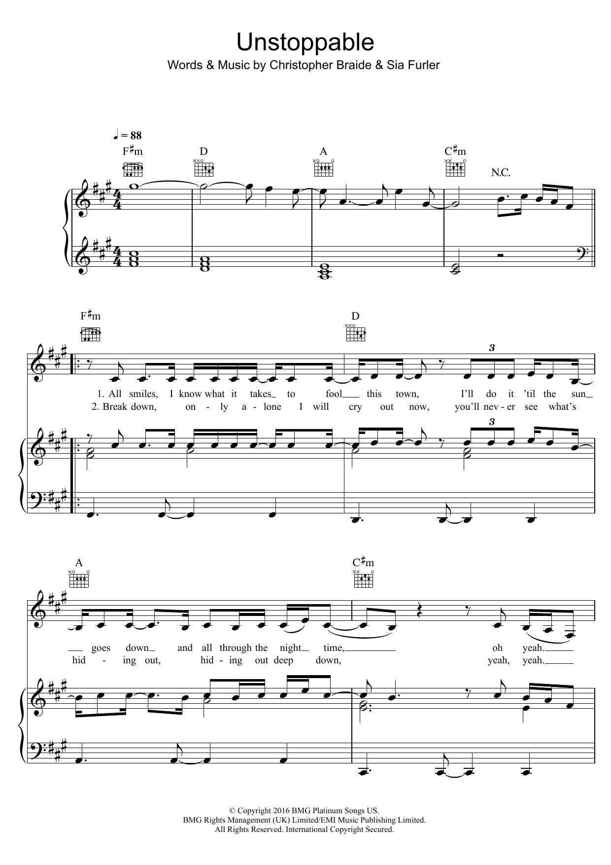 Sia Unstoppable Sheet Music Notes & Chords for Piano, Vocal & Guitar (Right-Hand Melody) - Download or Print PDF