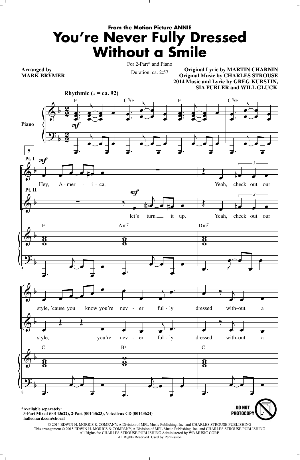 Sia You're Never Fully Dressed Without A Smile (from 'Annie' 2014 Film Version) (arr. Mark Brymer) Sheet Music Notes & Chords for 3-Part Mixed - Download or Print PDF