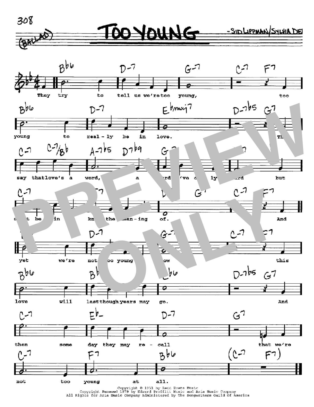 Sid Lippman Too Young Sheet Music Notes & Chords for Piano, Vocal & Guitar (Right-Hand Melody) - Download or Print PDF