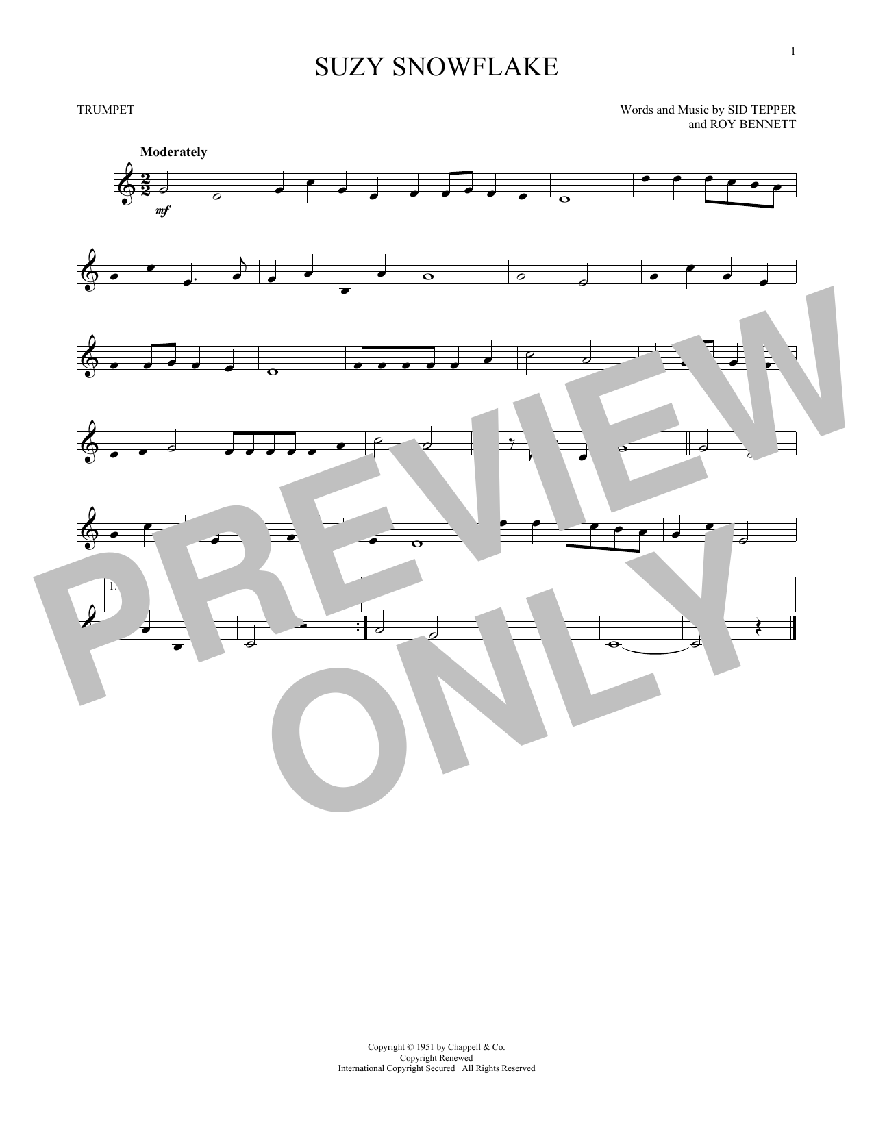 Sid Tepper and Roy Bennett Suzy Snowflake Sheet Music Notes & Chords for Trumpet - Download or Print PDF