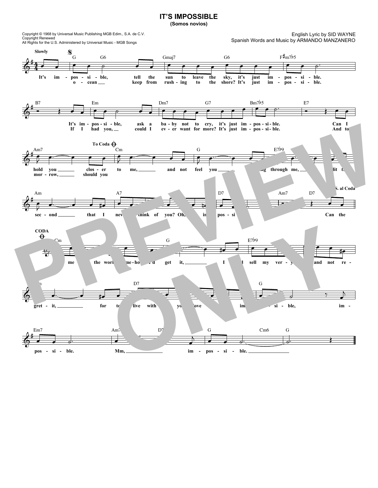 Sid Wayne It's Impossible (Somos Novios) Sheet Music Notes & Chords for Melody Line, Lyrics & Chords - Download or Print PDF
