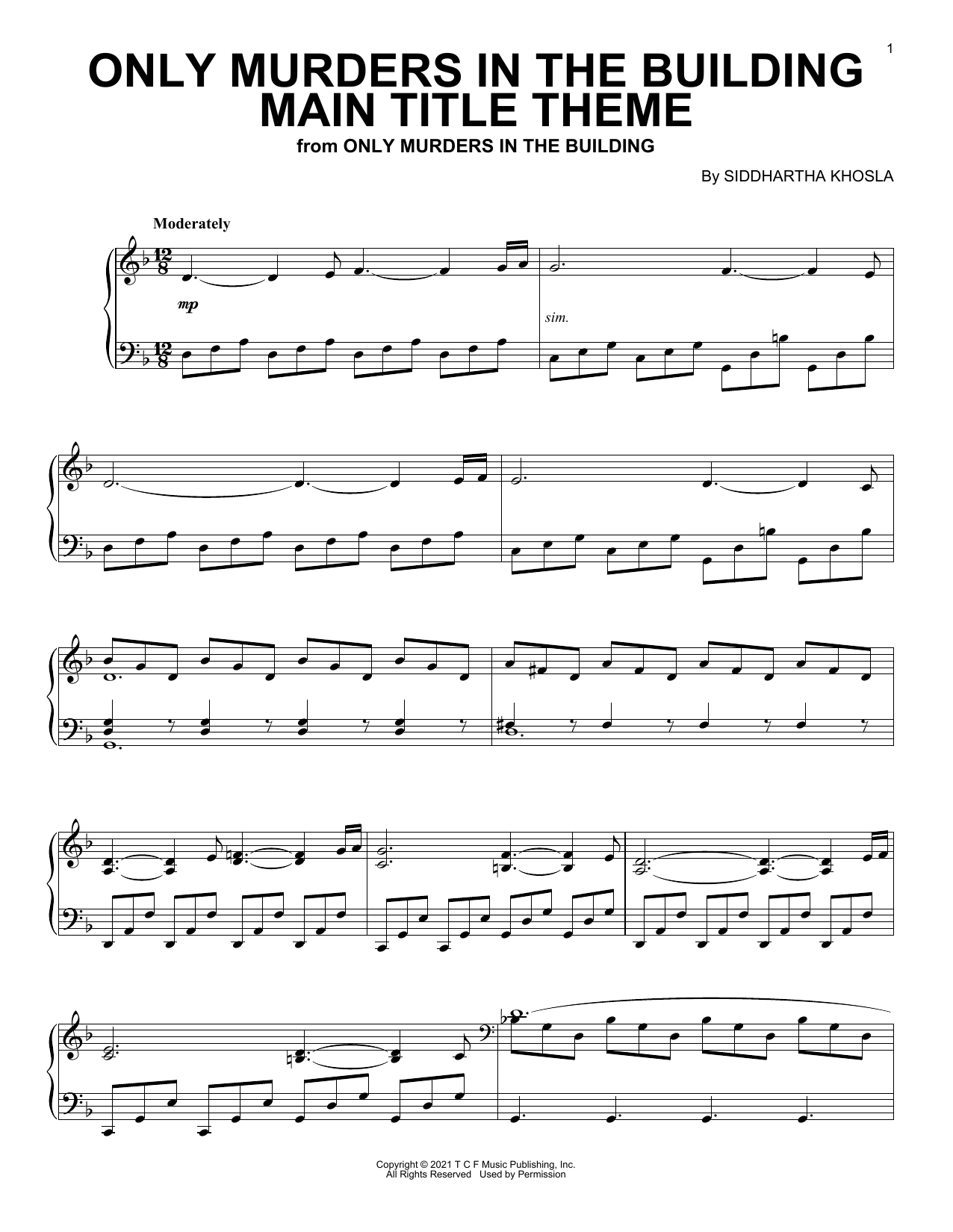 Siddhartha Khosla Only Murders In The Building (Main Title Theme) Sheet Music Notes & Chords for Piano Solo - Download or Print PDF