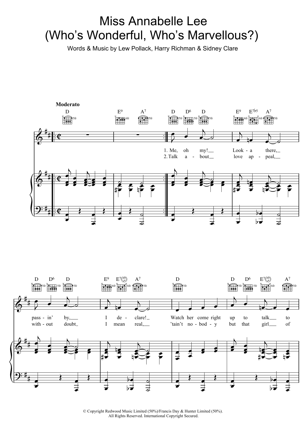 Sidney Clare Miss Annabelle Lee (Who's Wonderful, Who's Marvellous?) Sheet Music Notes & Chords for Piano, Vocal & Guitar (Right-Hand Melody) - Download or Print PDF