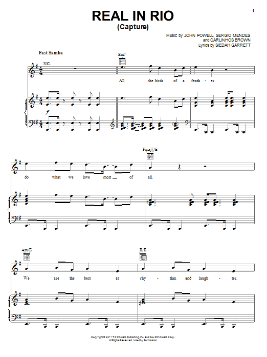 Siedah Garrett Real In Rio (Capture) Sheet Music Notes & Chords for Piano, Vocal & Guitar (Right-Hand Melody) - Download or Print PDF