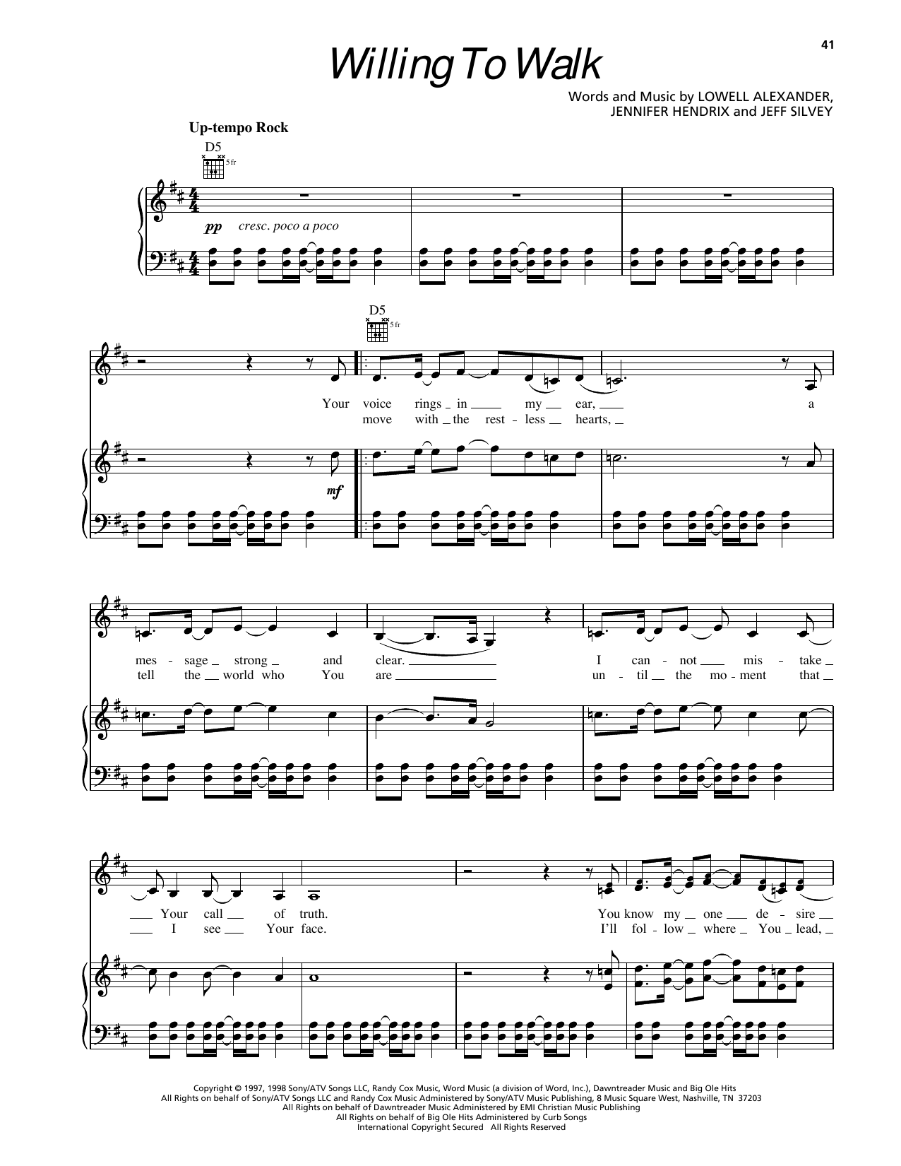 Sierra Willing To Walk Sheet Music Notes & Chords for Piano, Vocal & Guitar Chords (Right-Hand Melody) - Download or Print PDF
