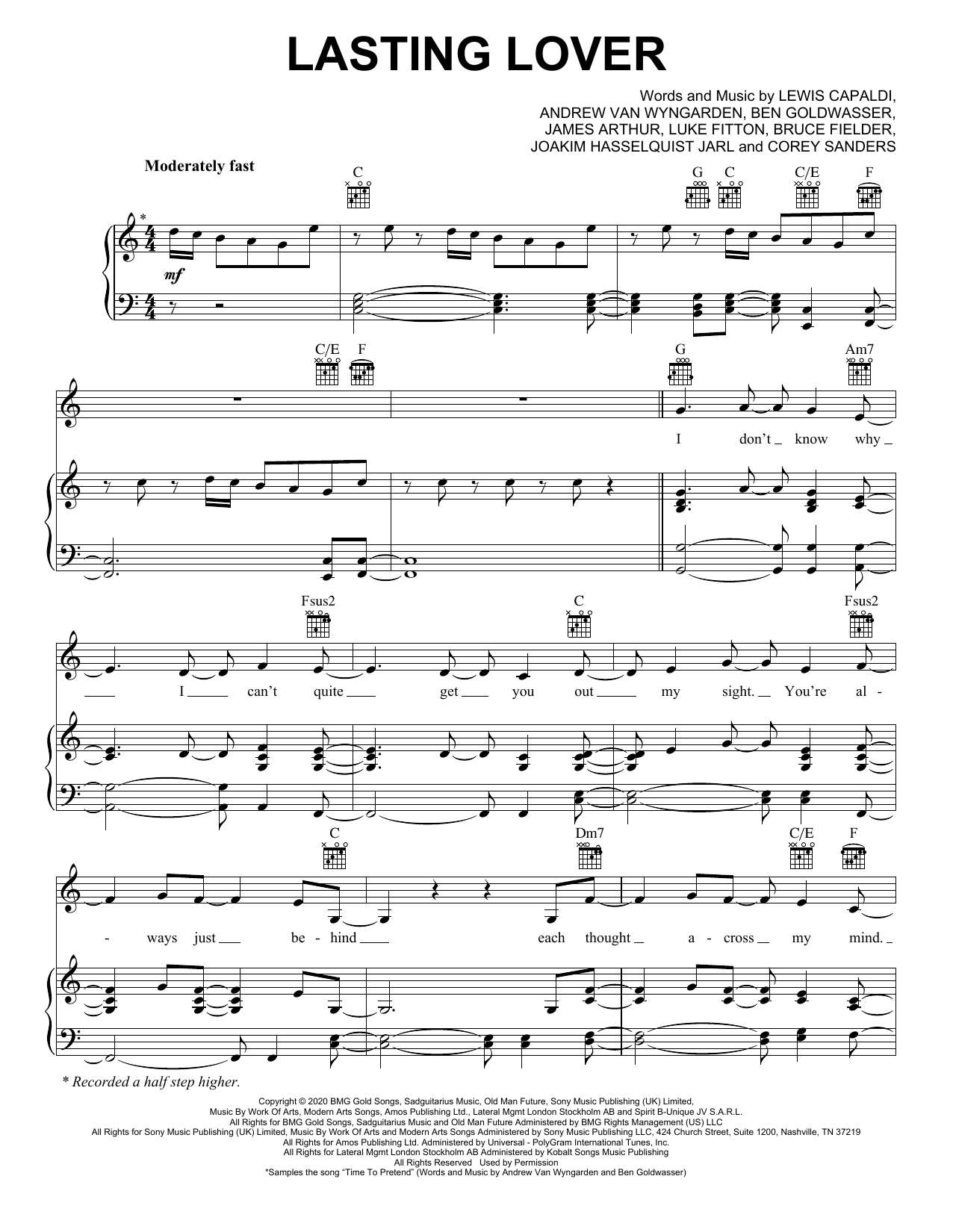 Sigala & James Arthur Lasting Lover Sheet Music Notes & Chords for Piano, Vocal & Guitar (Right-Hand Melody) - Download or Print PDF