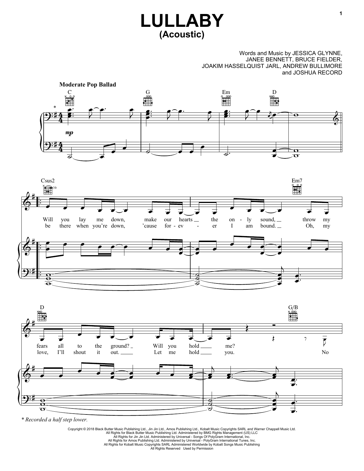 Sigala & Paloma Faith Lullaby (Acoustic) Sheet Music Notes & Chords for Piano, Vocal & Guitar (Right-Hand Melody) - Download or Print PDF