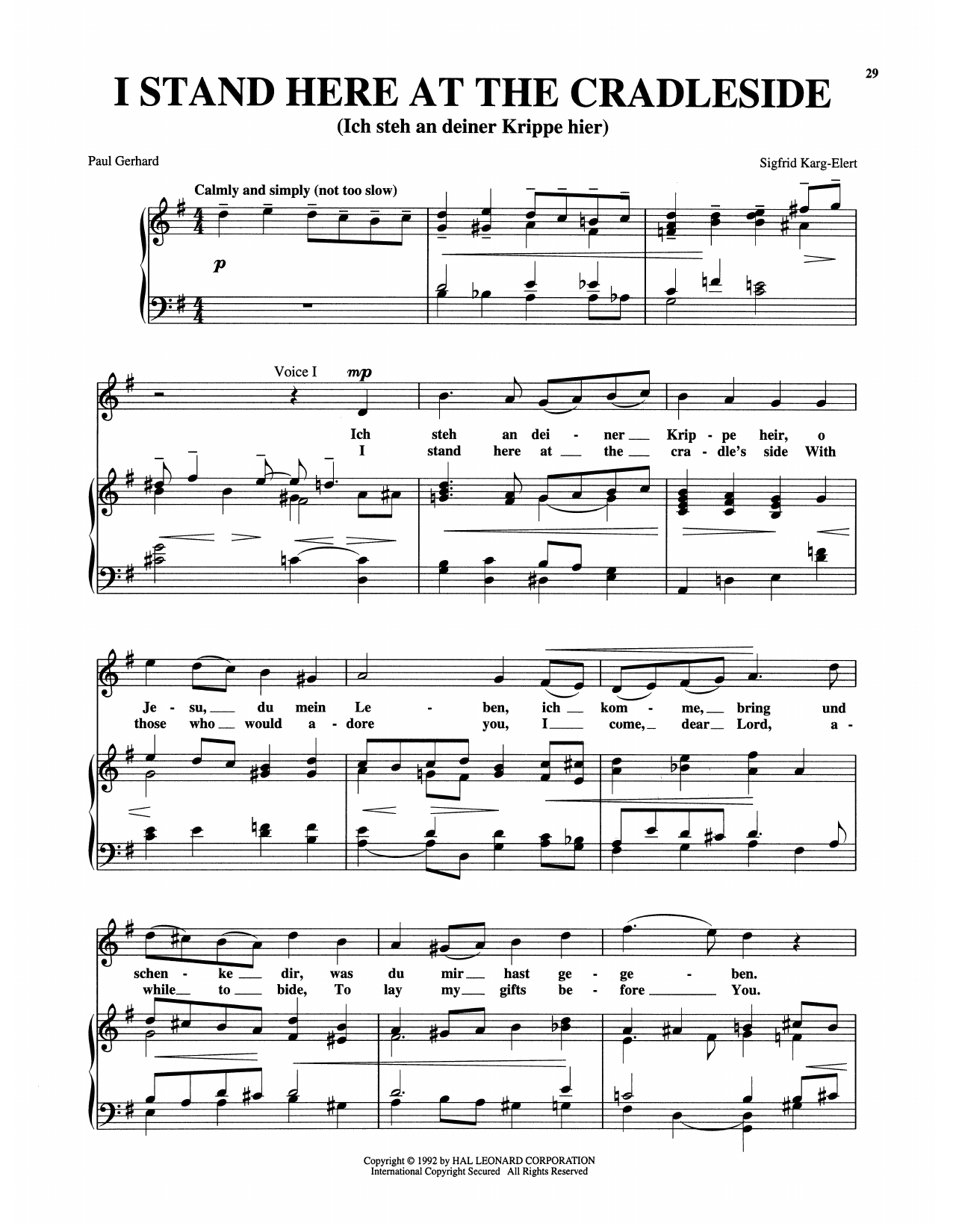 Sigfrid Karg-Elert I Stand Here At The Cradleside Sheet Music Notes & Chords for Piano & Vocal - Download or Print PDF