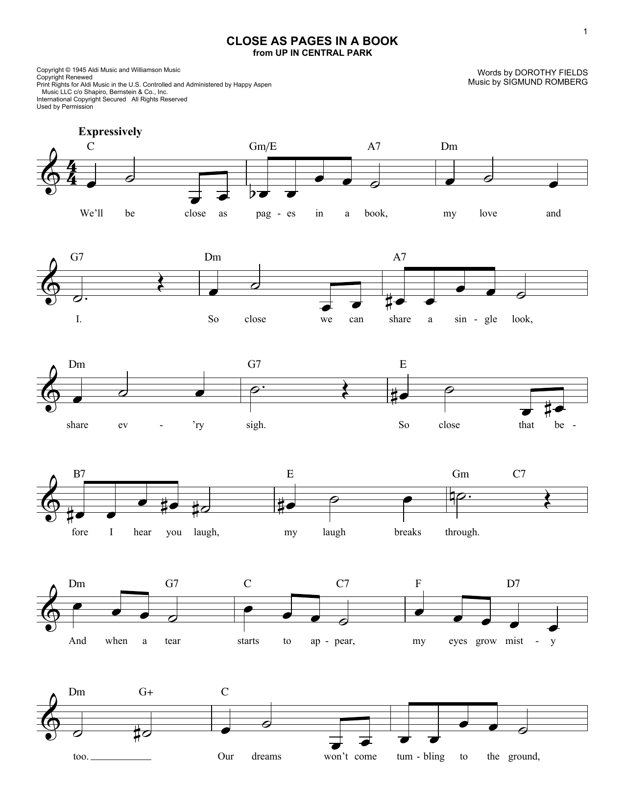 Sigmund Romberg Close As Pages In A Book Sheet Music Notes & Chords for Melody Line, Lyrics & Chords - Download or Print PDF