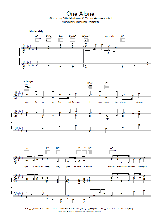 Sigmund Romberg One Alone Sheet Music Notes & Chords for Piano, Vocal & Guitar (Right-Hand Melody) - Download or Print PDF