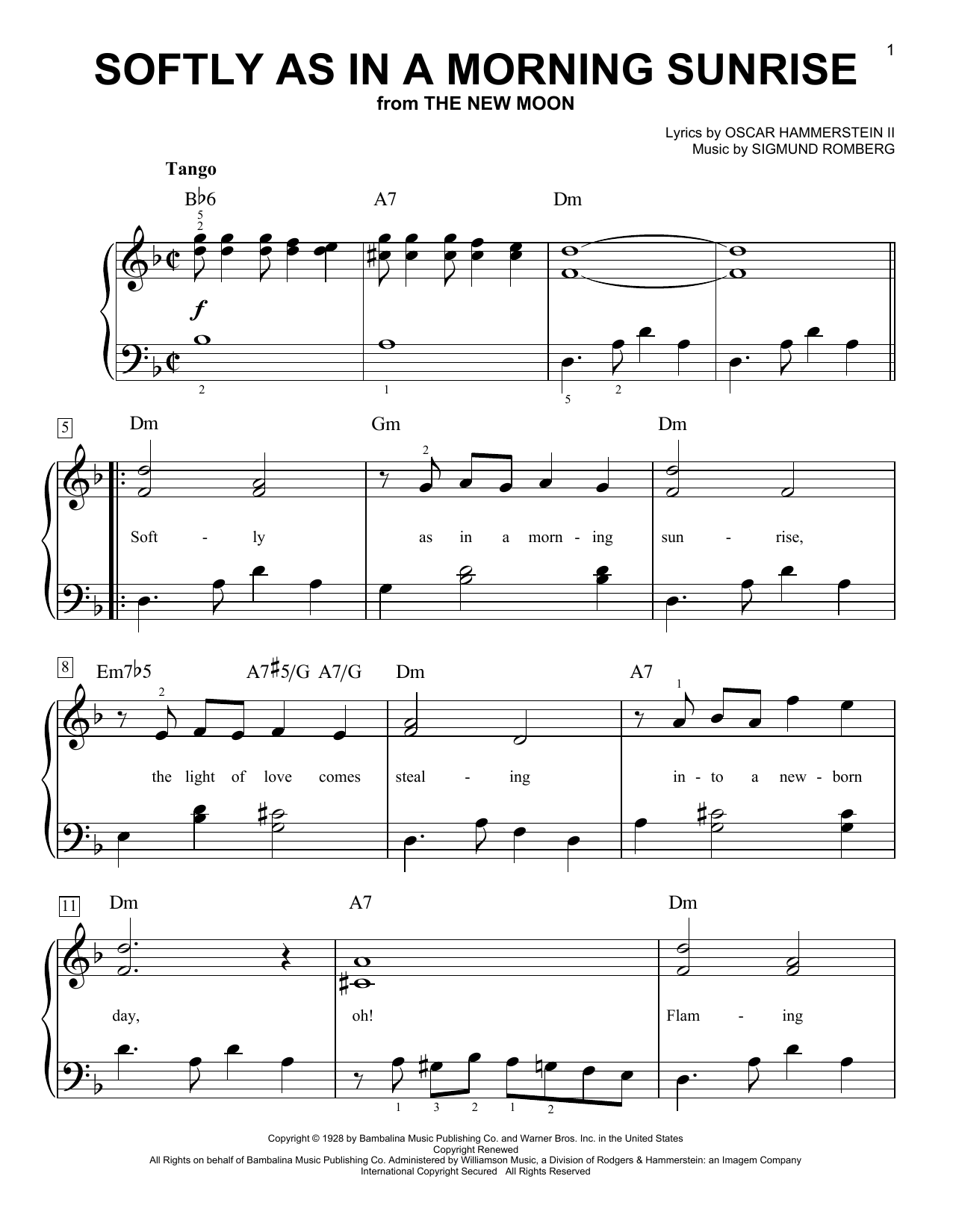 Sigmund Romberg Softly As In A Morning Sunrise Sheet Music Notes & Chords for Piano, Vocal & Guitar (Right-Hand Melody) - Download or Print PDF