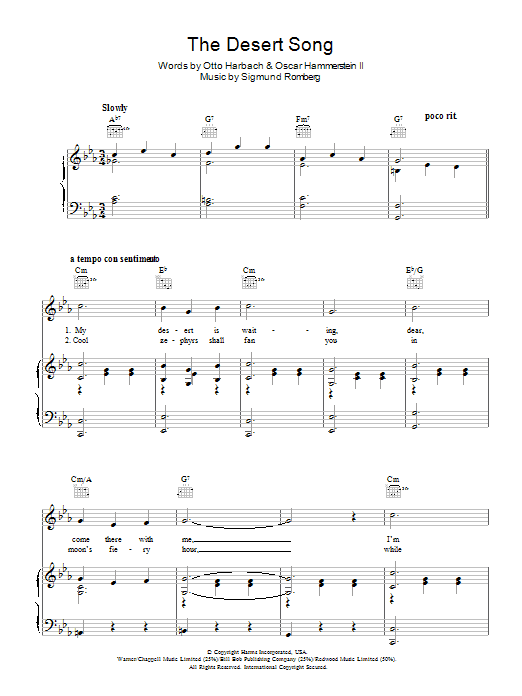 Sigmund Romberg The Desert Song Sheet Music Notes & Chords for Piano, Vocal & Guitar (Right-Hand Melody) - Download or Print PDF