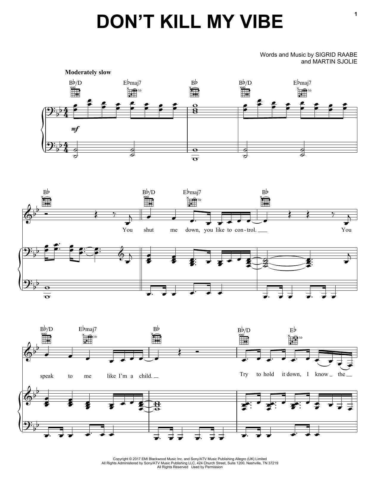 Sigrid Don't Kill My Vibe Sheet Music Notes & Chords for Piano, Vocal & Guitar (Right-Hand Melody) - Download or Print PDF