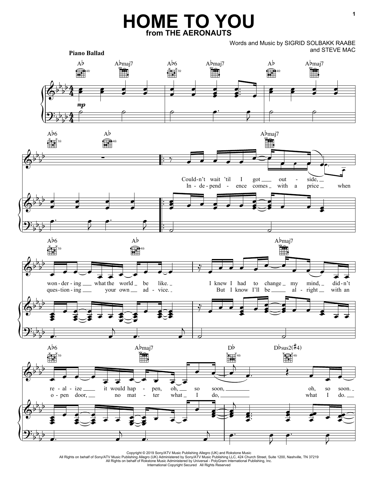 Sigrid Home To You (from The Aeronauts) Sheet Music Notes & Chords for Piano, Vocal & Guitar (Right-Hand Melody) - Download or Print PDF
