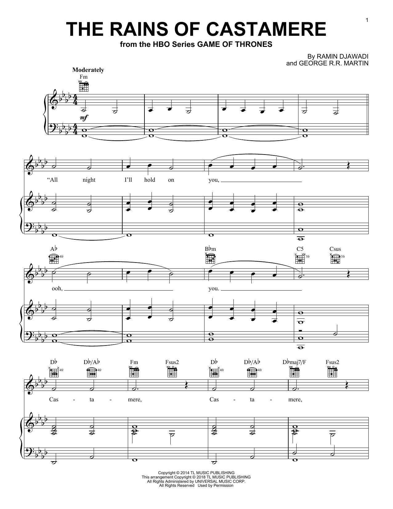 Sigur Ros The Rains Of Castamere (from Game of Thrones) Sheet Music Notes & Chords for Piano, Vocal & Guitar (Right-Hand Melody) - Download or Print PDF