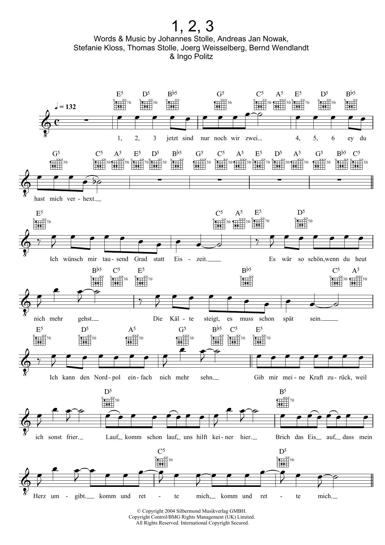 Silbermond 1, 2, 3 Sheet Music Notes & Chords for Melody Line, Lyrics & Chords - Download or Print PDF