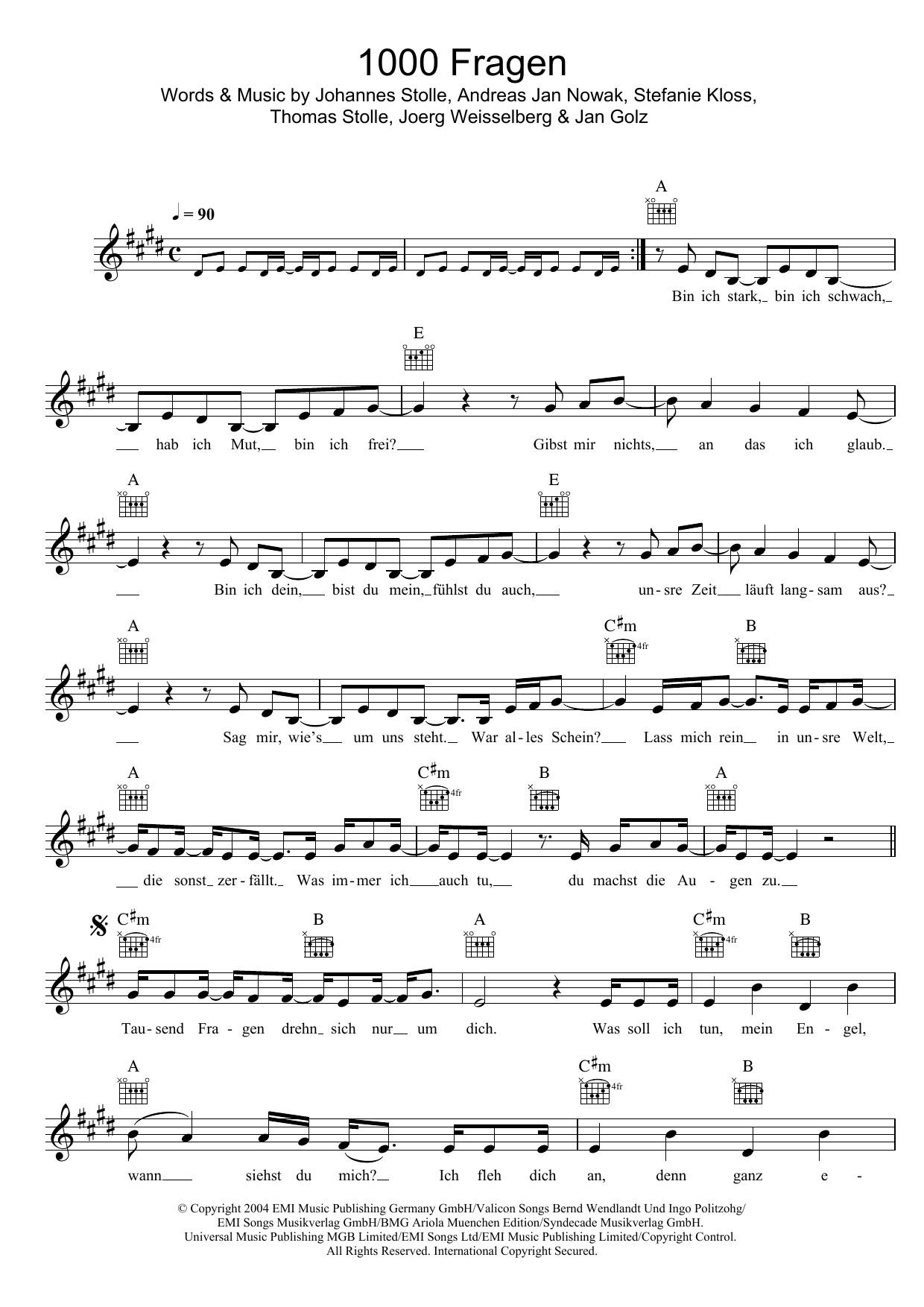 Silbermond 1000 Fragen Sheet Music Notes & Chords for Melody Line, Lyrics & Chords - Download or Print PDF