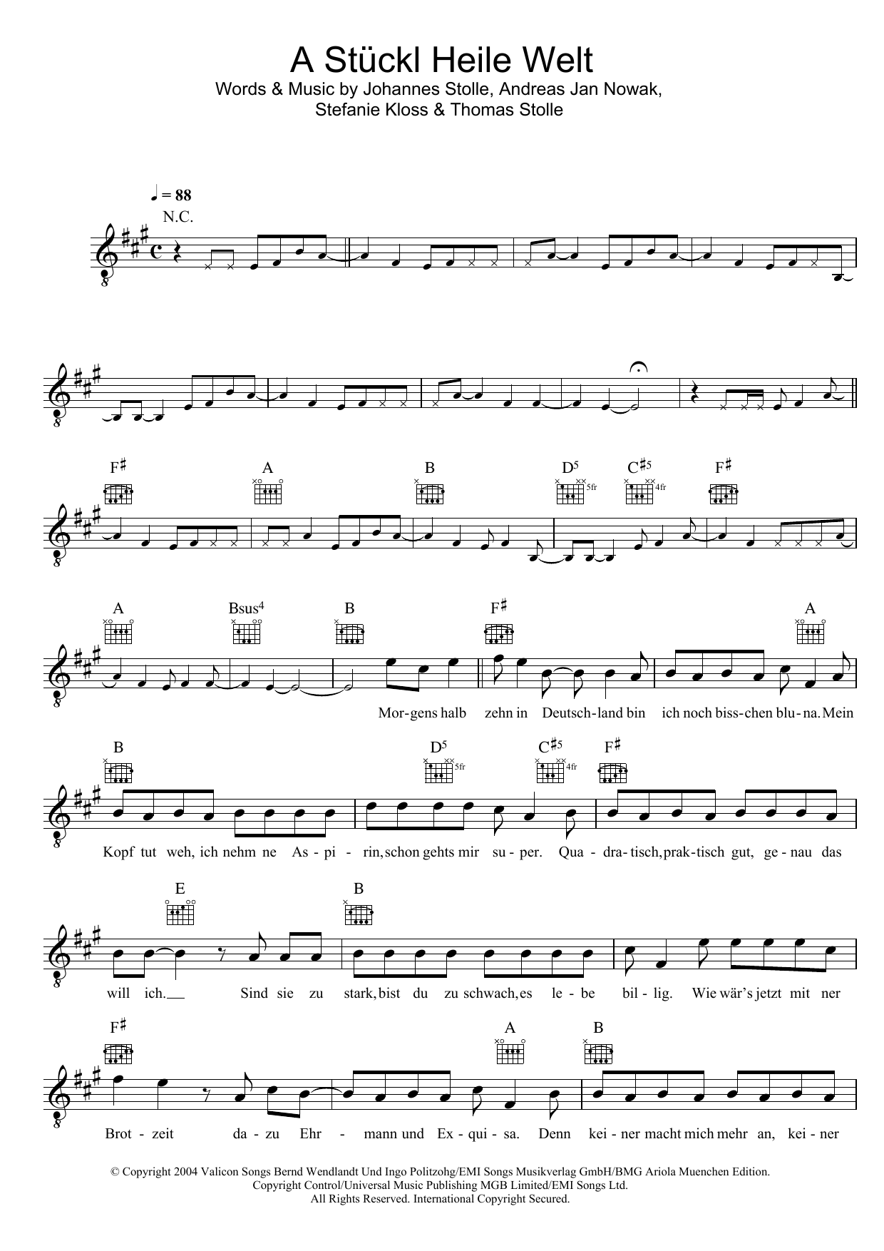 Silbermond A Stückl Heile Welt Sheet Music Notes & Chords for Melody Line, Lyrics & Chords - Download or Print PDF