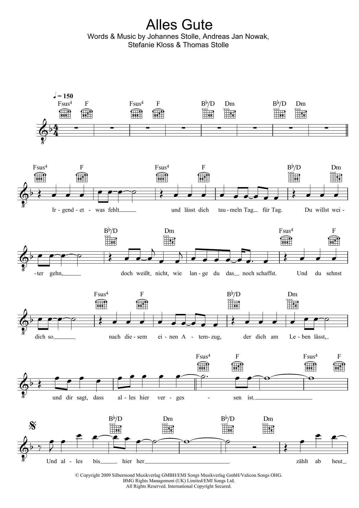 Silbermond Alles Gute Sheet Music Notes & Chords for Melody Line, Lyrics & Chords - Download or Print PDF