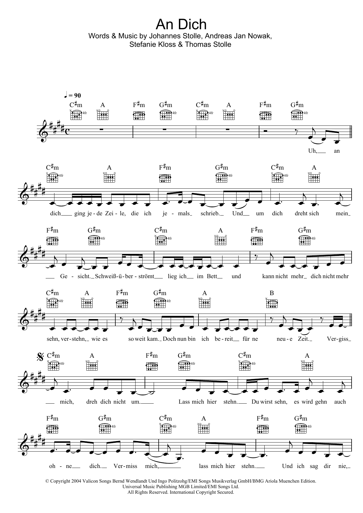 Silbermond An Dich Sheet Music Notes & Chords for Melody Line, Lyrics & Chords - Download or Print PDF