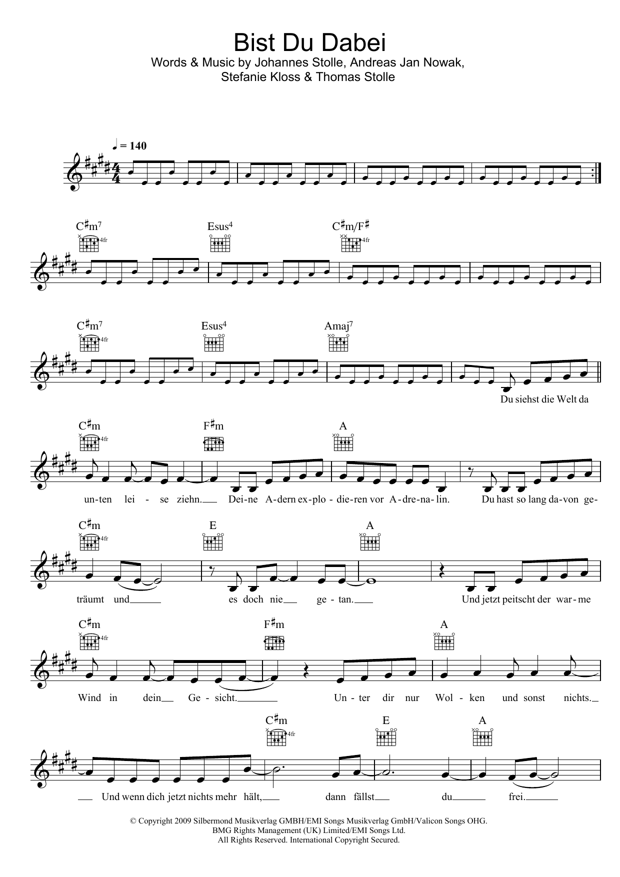 Silbermond Bist Du Dabei Sheet Music Notes & Chords for Melody Line, Lyrics & Chords - Download or Print PDF