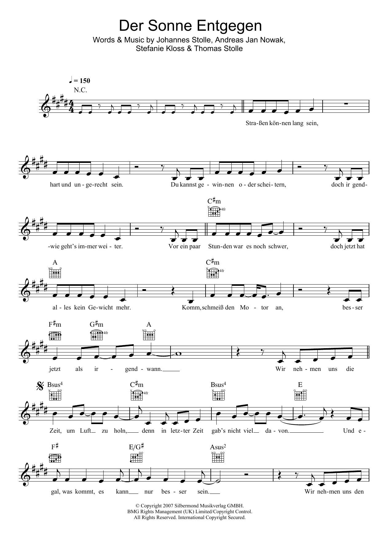 Silbermond Der Sonne Entgegen Sheet Music Notes & Chords for Melody Line, Lyrics & Chords - Download or Print PDF