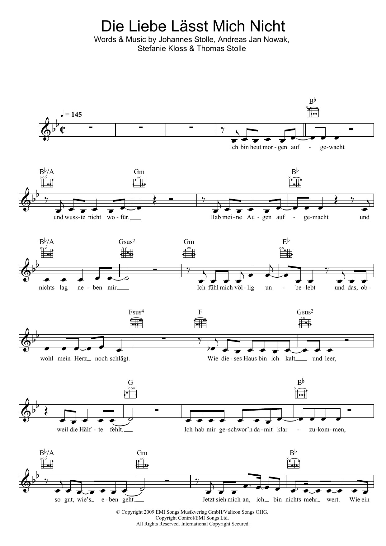 Silbermond Die Liebe Lässt Mich Nicht Sheet Music Notes & Chords for Melody Line, Lyrics & Chords - Download or Print PDF