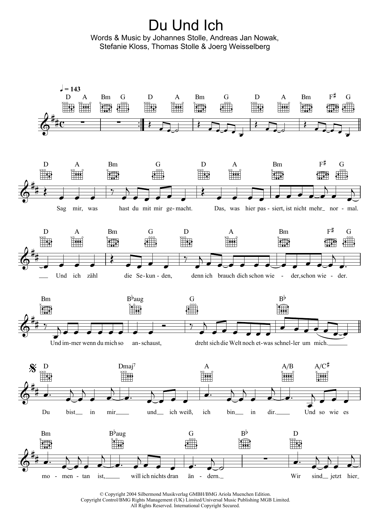 Silbermond Du Und Ich Sheet Music Notes & Chords for Melody Line, Lyrics & Chords - Download or Print PDF