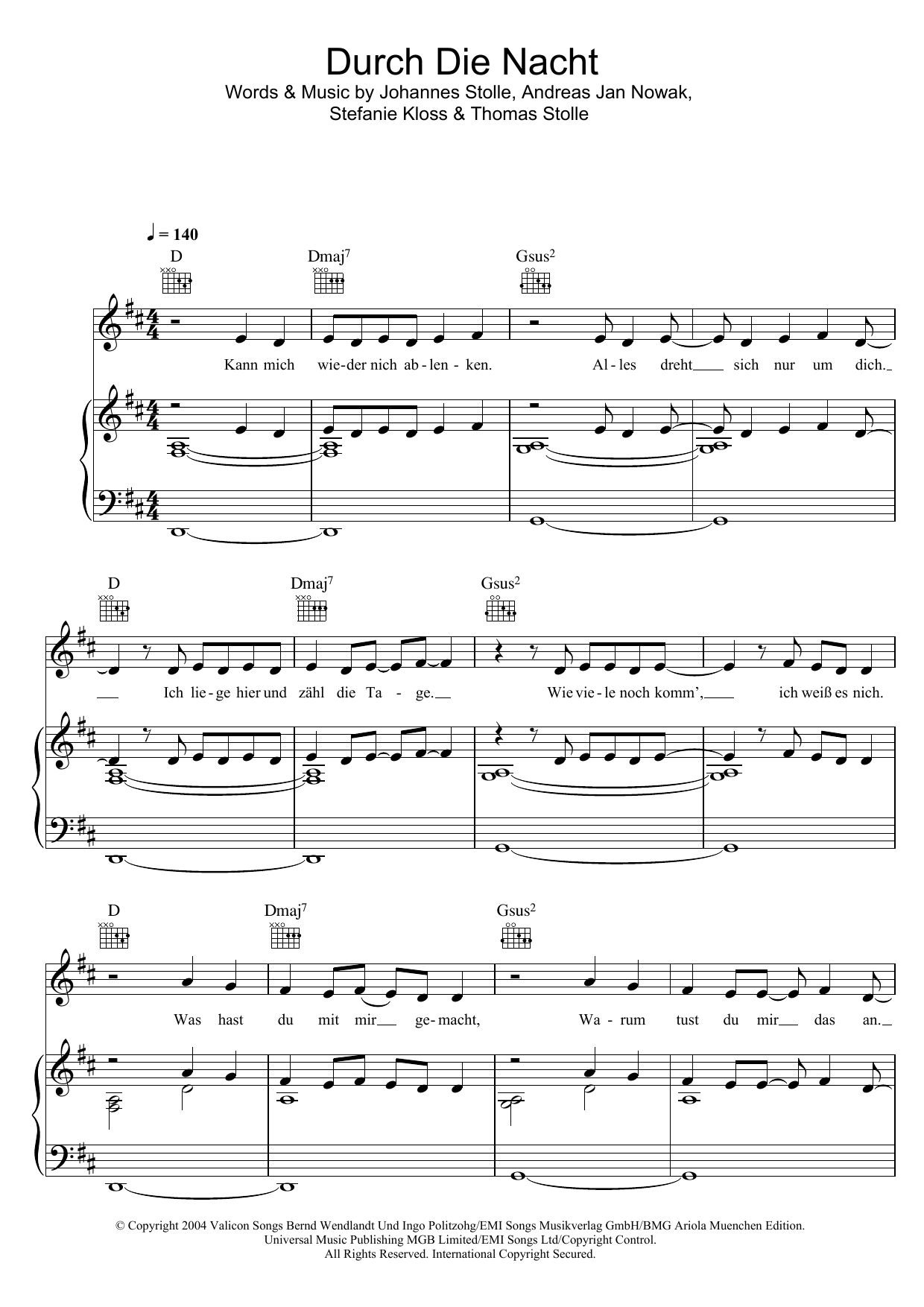 Silbermond Durch Die Nacht Sheet Music Notes & Chords for Piano, Vocal & Guitar (Right-Hand Melody) - Download or Print PDF