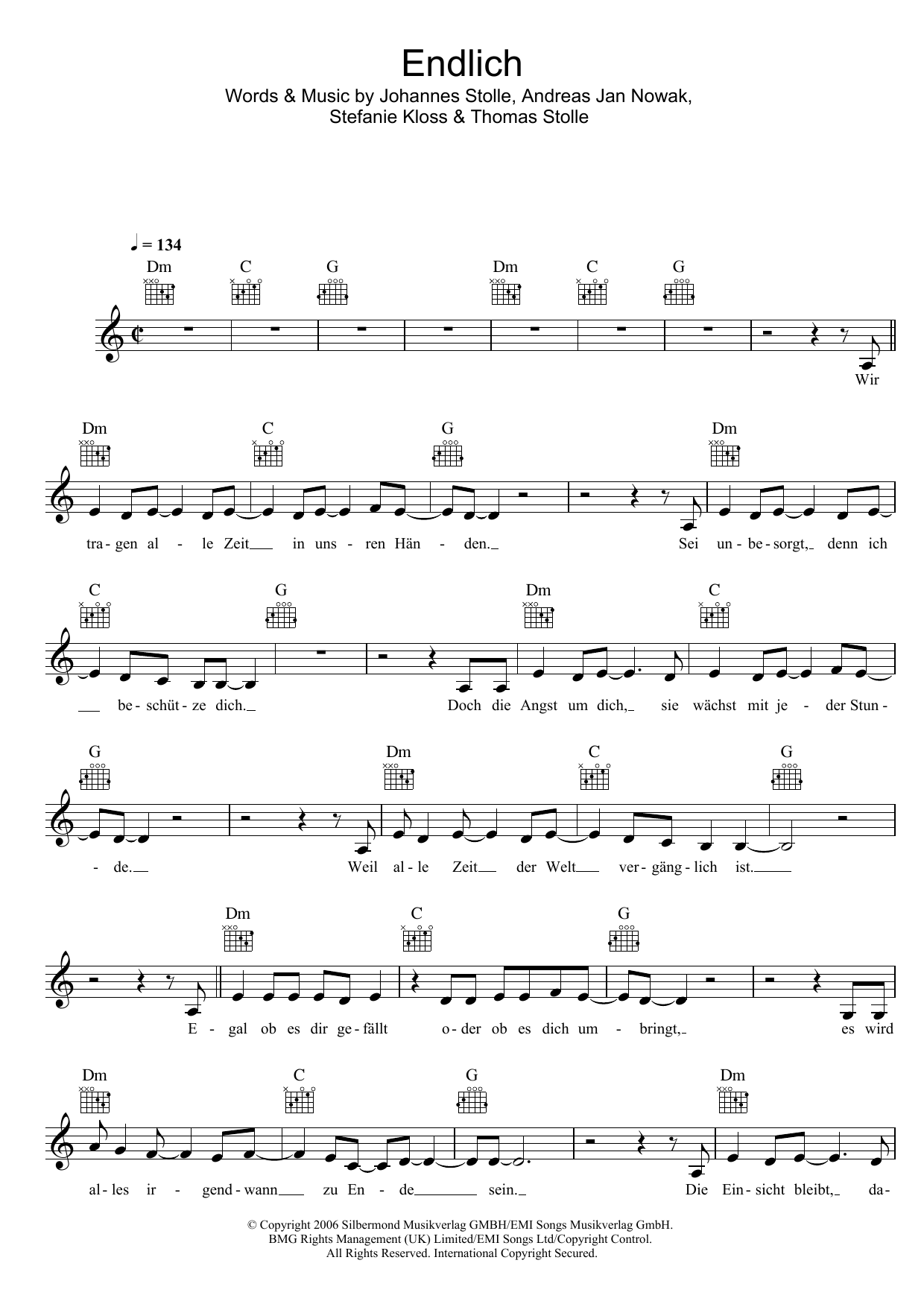 Silbermond Endlich Sheet Music Notes & Chords for Melody Line, Lyrics & Chords - Download or Print PDF