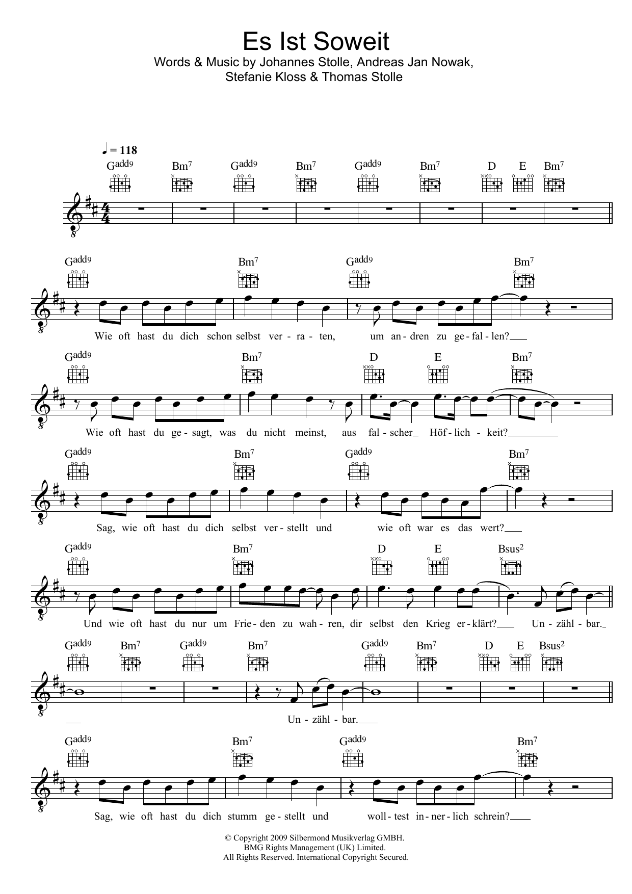 Silbermond Es Ist Soweit Sheet Music Notes & Chords for Melody Line, Lyrics & Chords - Download or Print PDF