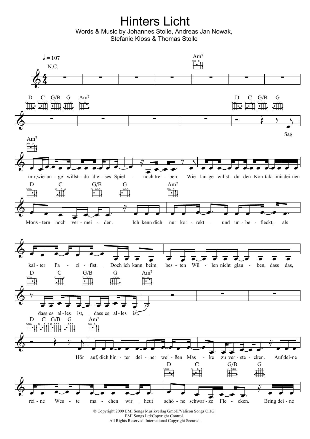 Silbermond Hinters Licht Sheet Music Notes & Chords for Melody Line, Lyrics & Chords - Download or Print PDF