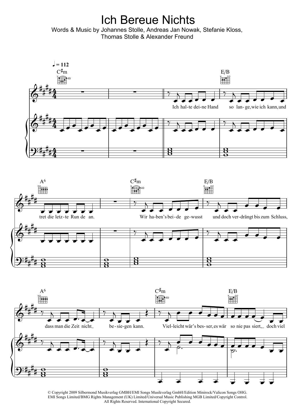 Silbermond Ich Bereue Nichts Sheet Music Notes & Chords for Piano, Vocal & Guitar (Right-Hand Melody) - Download or Print PDF