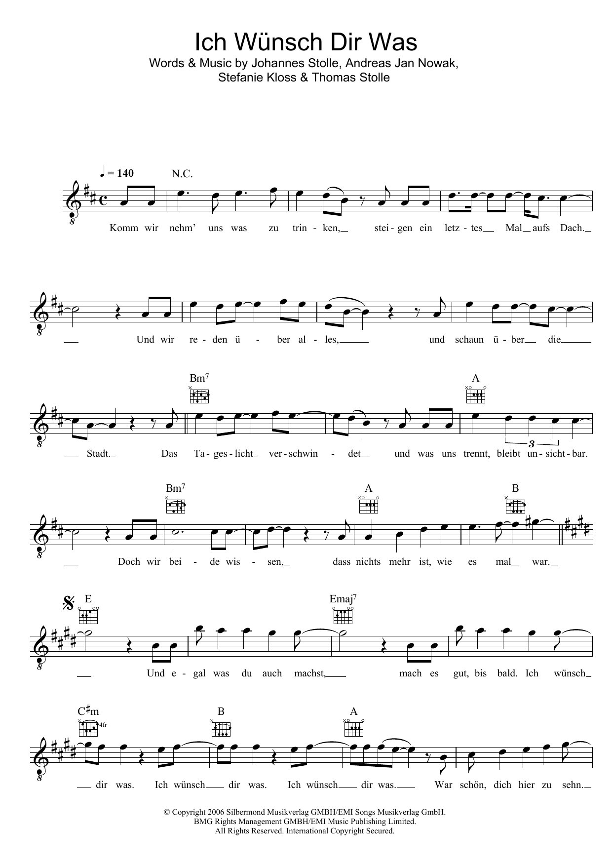 Silbermond Ich Wünsch Dir Was Sheet Music Notes & Chords for Melody Line, Lyrics & Chords - Download or Print PDF