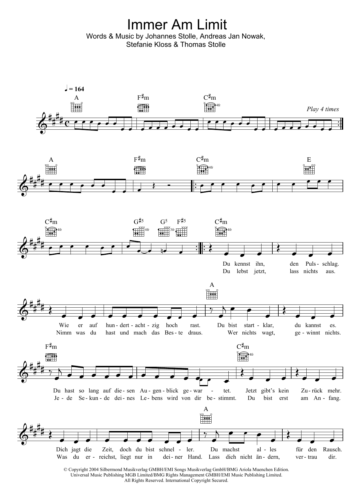 Silbermond Immer Am Limit Sheet Music Notes & Chords for Melody Line, Lyrics & Chords - Download or Print PDF