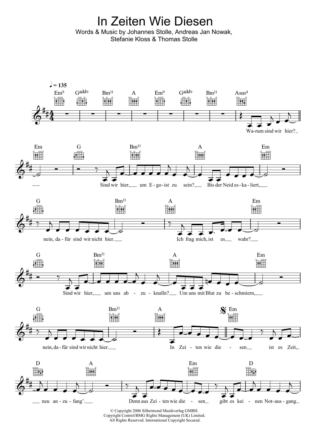Silbermond In Zeiten Wie Diesen Sheet Music Notes & Chords for Melody Line, Lyrics & Chords - Download or Print PDF