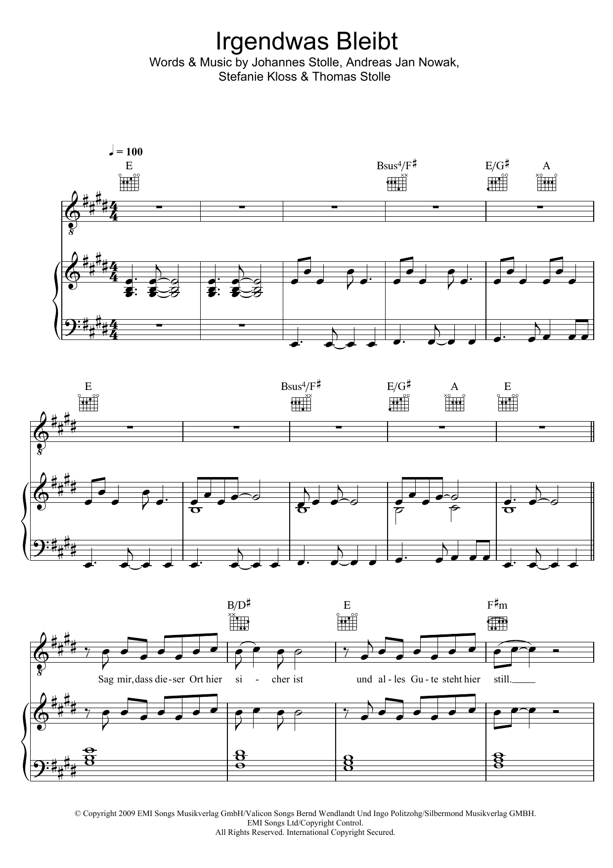 Silbermond Irgendwas Bleibt Sheet Music Notes & Chords for Piano, Vocal & Guitar (Right-Hand Melody) - Download or Print PDF
