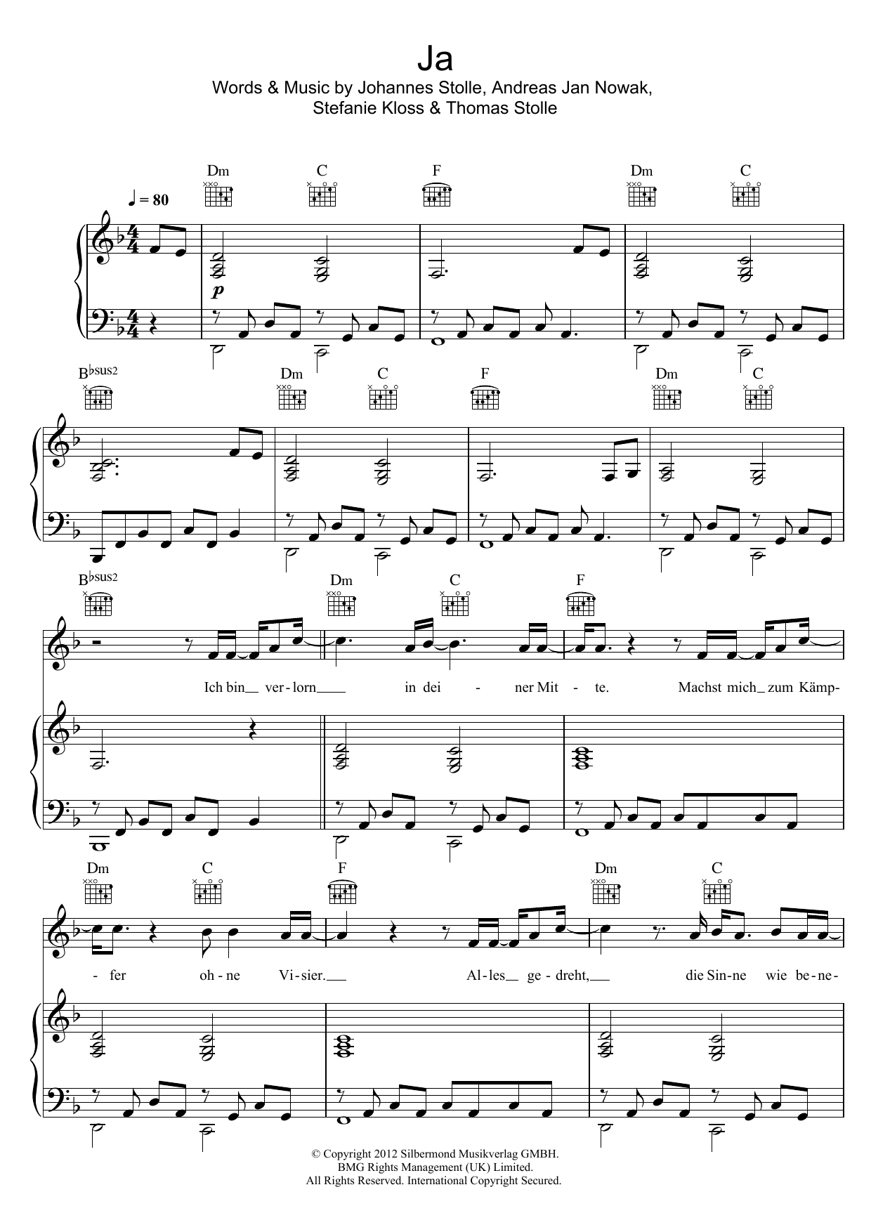 Silbermond Ja Sheet Music Notes & Chords for Piano, Vocal & Guitar - Download or Print PDF