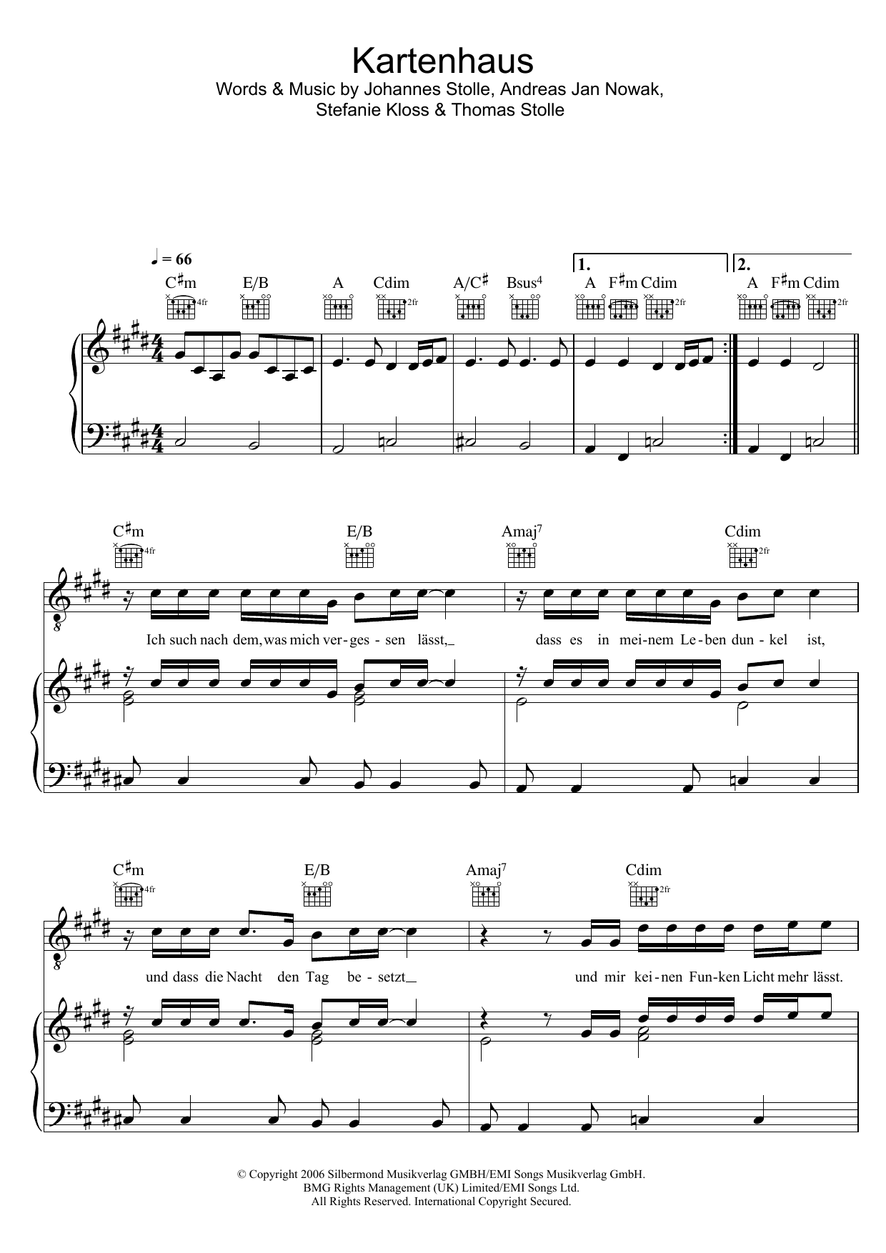 Silbermond Kartenhaus Sheet Music Notes & Chords for Piano, Vocal & Guitar (Right-Hand Melody) - Download or Print PDF