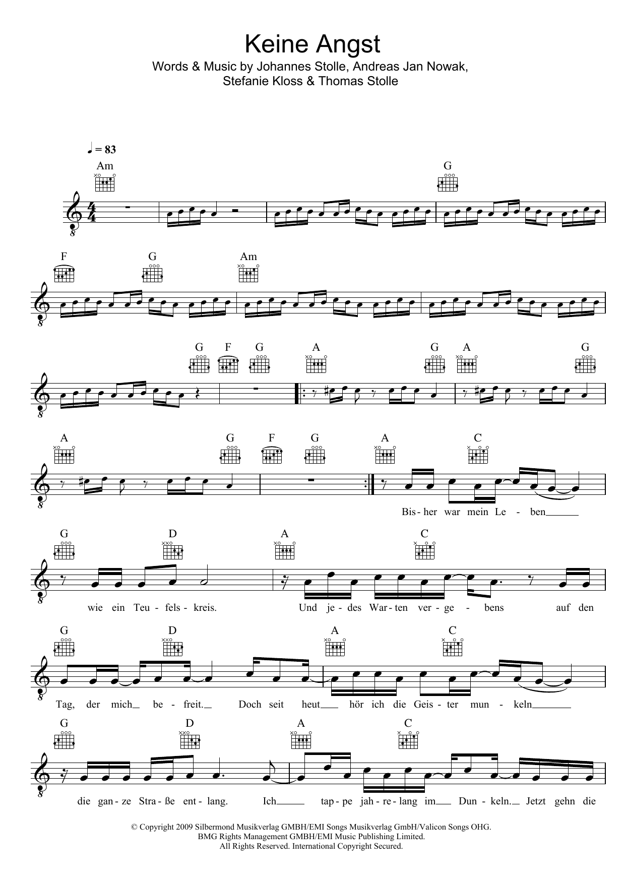 Silbermond Keine Angst Sheet Music Notes & Chords for Melody Line, Lyrics & Chords - Download or Print PDF