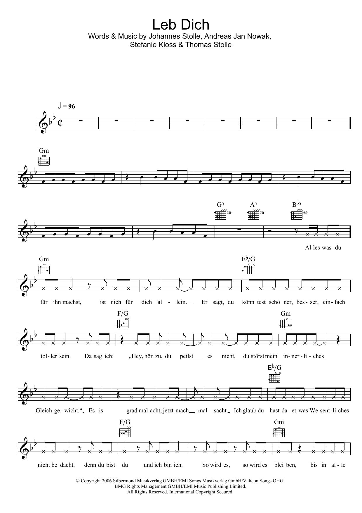 Silbermond Leb Dich Sheet Music Notes & Chords for Melody Line, Lyrics & Chords - Download or Print PDF