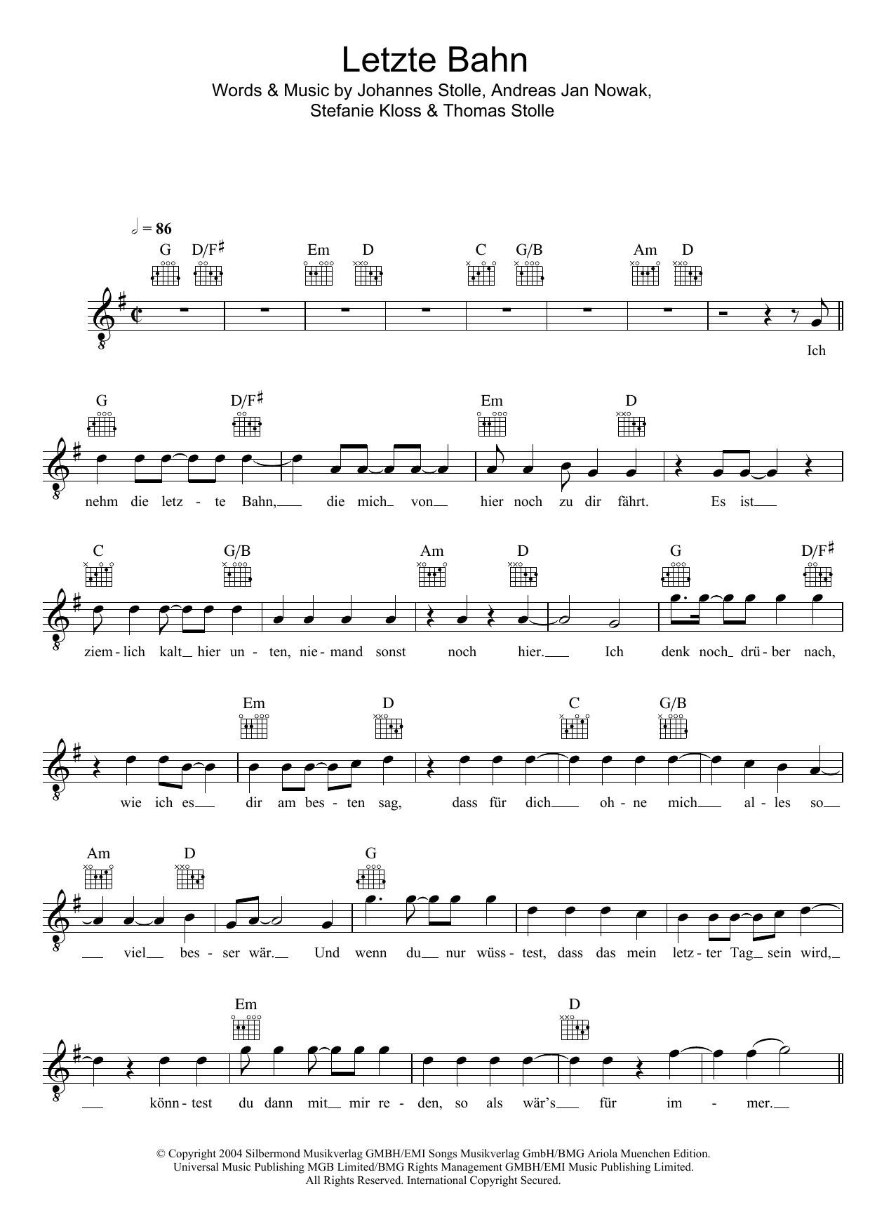 Silbermond Letzte Bahn Sheet Music Notes & Chords for Melody Line, Lyrics & Chords - Download or Print PDF