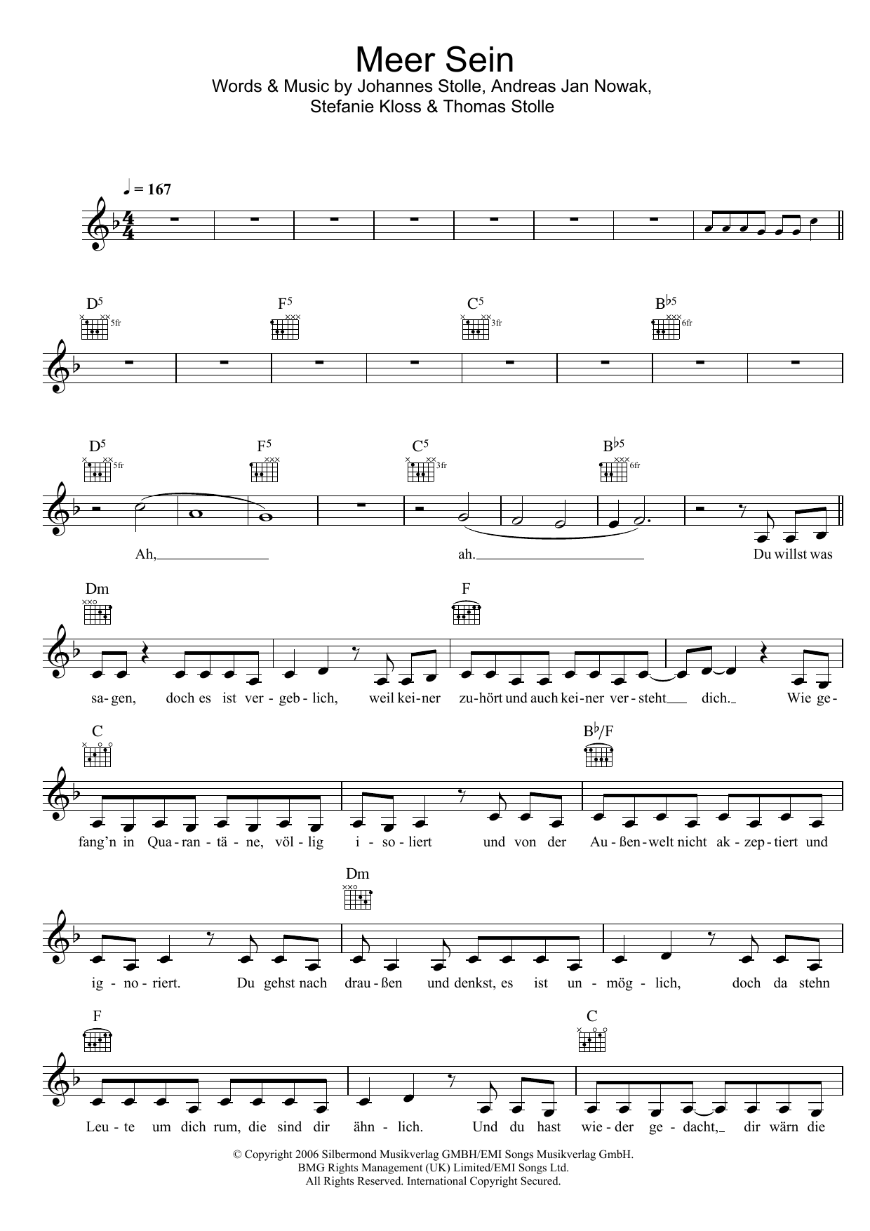 Silbermond Meer Sein Sheet Music Notes & Chords for Melody Line, Lyrics & Chords - Download or Print PDF