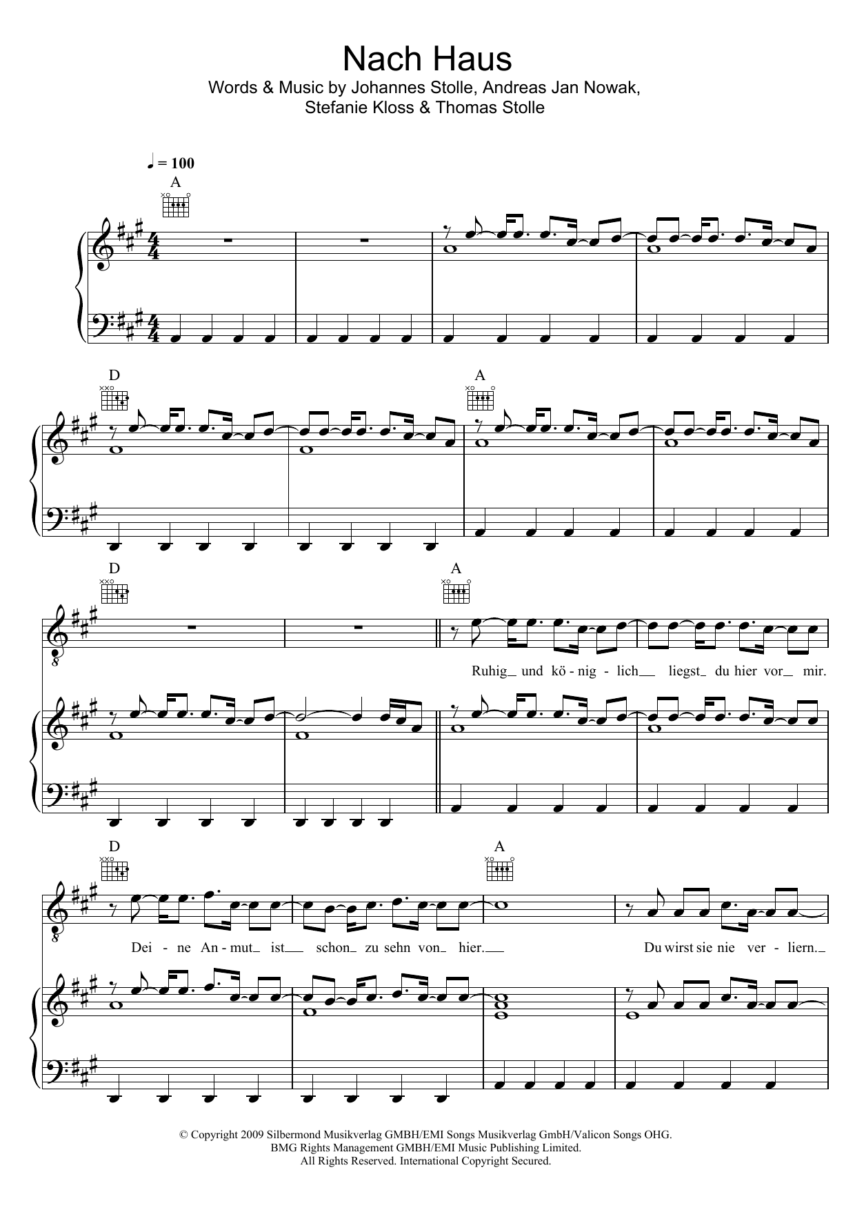 Silbermond Nach Haus Sheet Music Notes & Chords for Piano, Vocal & Guitar (Right-Hand Melody) - Download or Print PDF