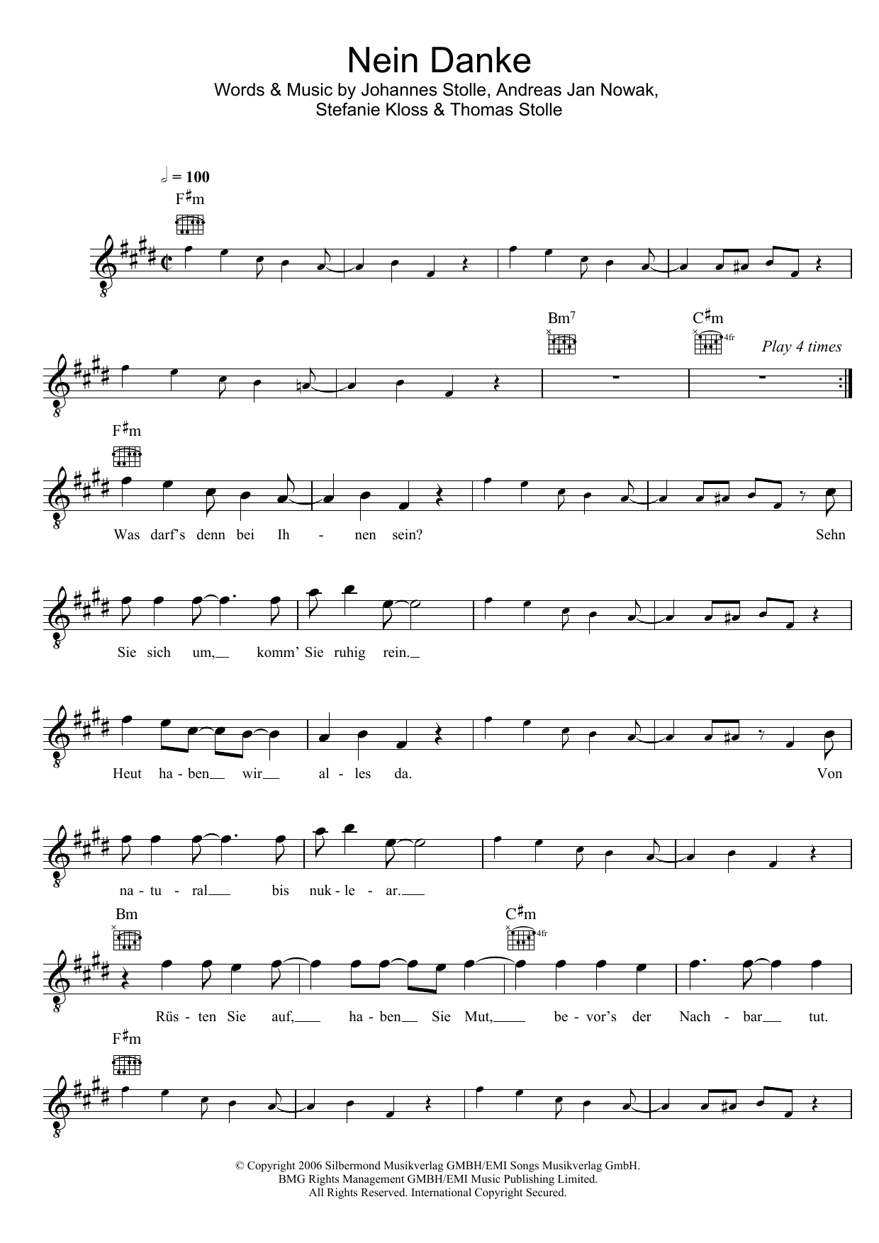 Silbermond Nein Danke Sheet Music Notes & Chords for Melody Line, Lyrics & Chords - Download or Print PDF