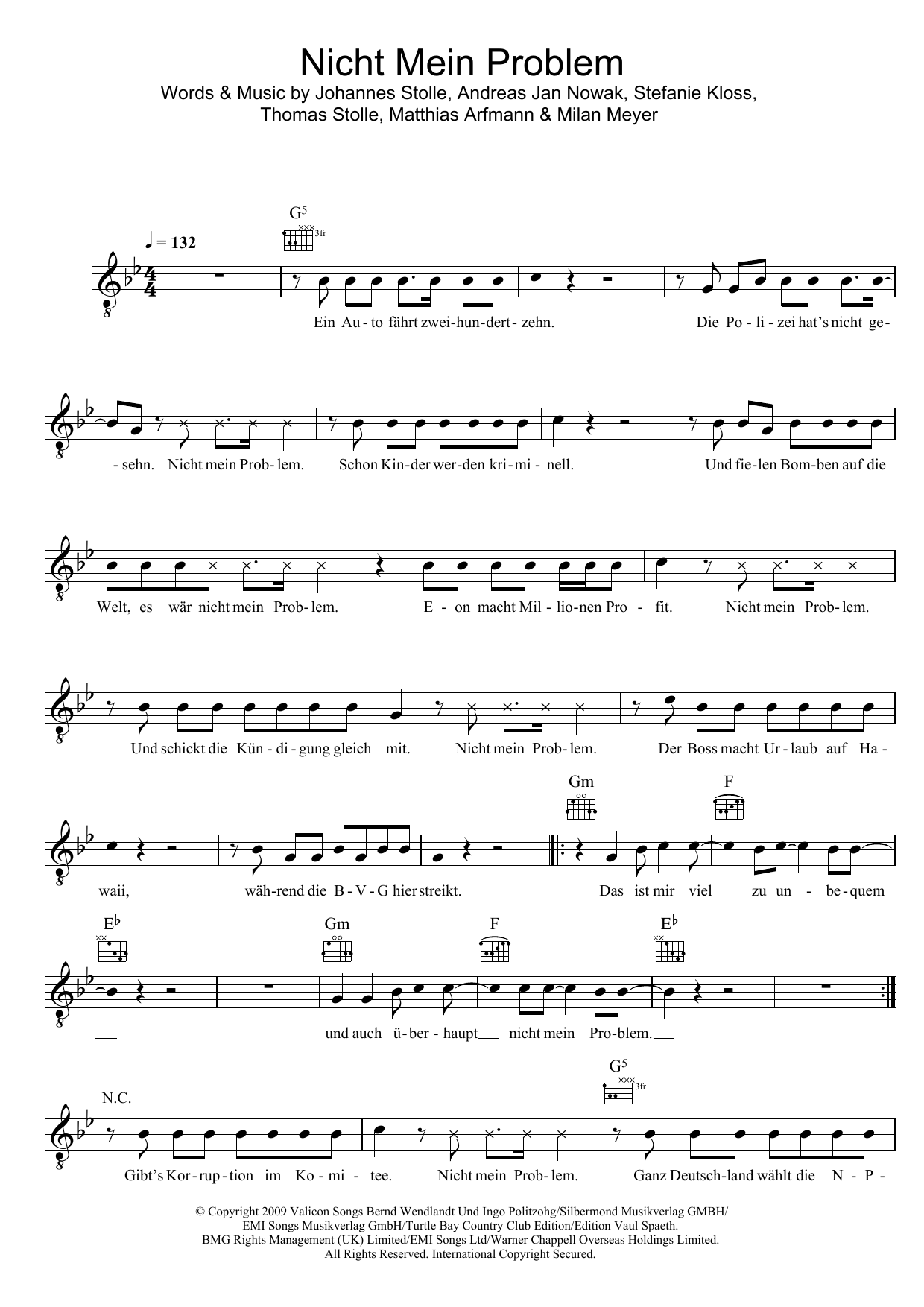 Silbermond Nicht Mein Problem Sheet Music Notes & Chords for Melody Line, Lyrics & Chords - Download or Print PDF