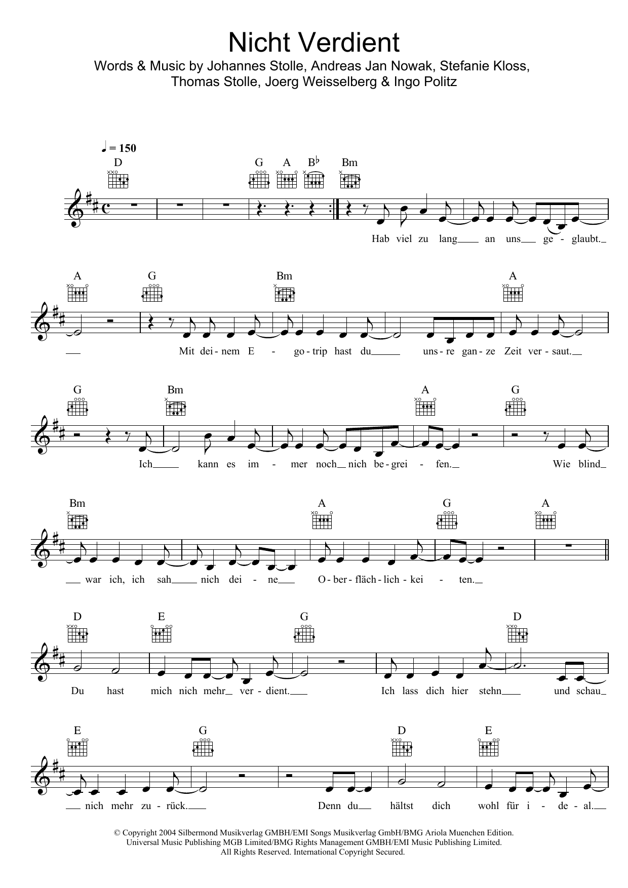 Silbermond Nicht Verdient Sheet Music Notes & Chords for Melody Line, Lyrics & Chords - Download or Print PDF