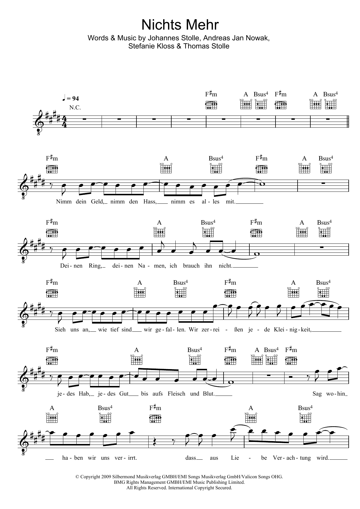Silbermond Nichts Mehr Sheet Music Notes & Chords for Melody Line, Lyrics & Chords - Download or Print PDF